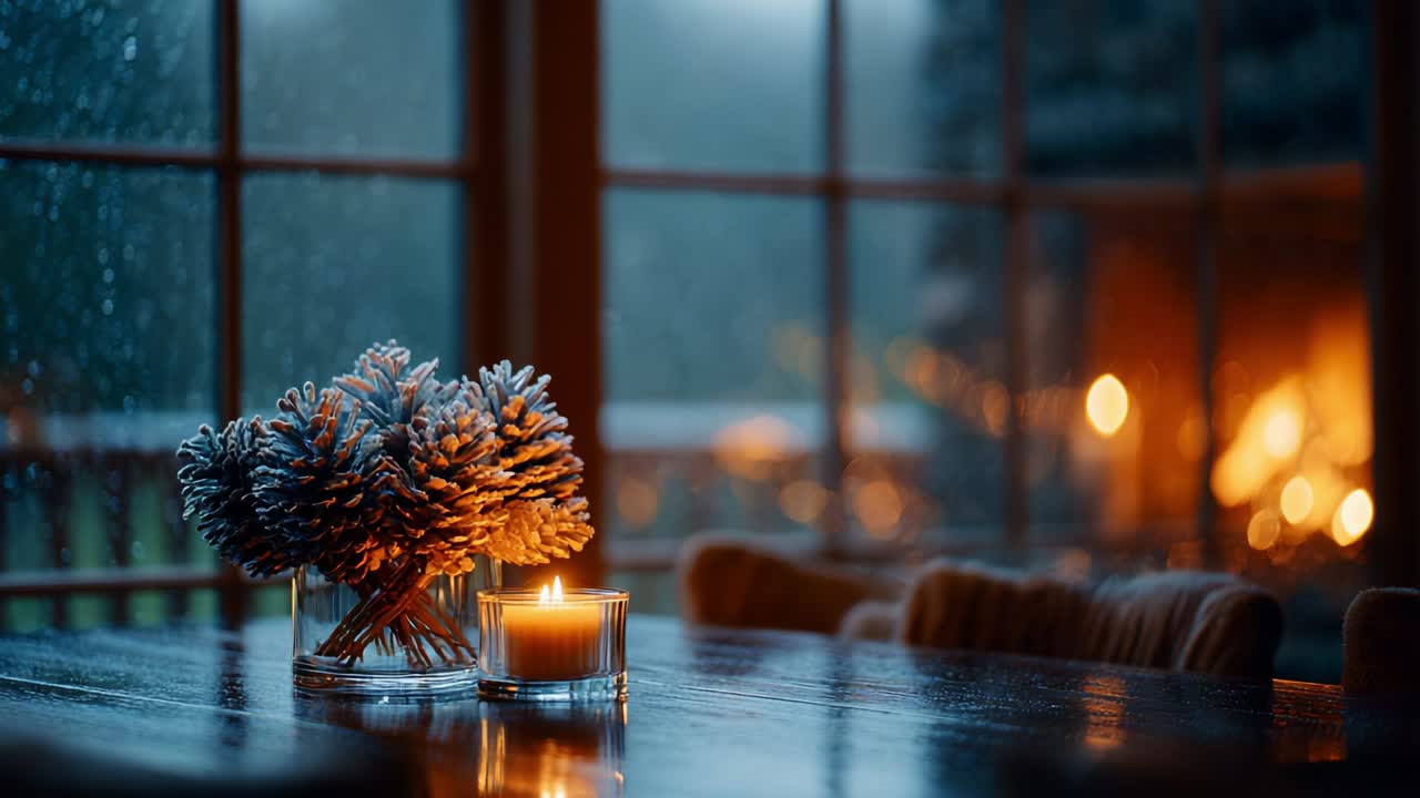 A Cozy Winter Evening with Amber Candlelight and Frosted Pinecones as the Rain Falls Gently Outside the Window, Creating a Warm and Inviting Atmosphere for Relaxation and Reflection