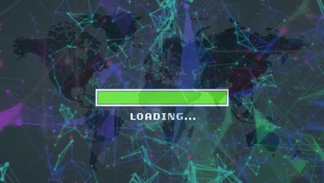 Animation of loading bar and network of connections over world map on black backrgound