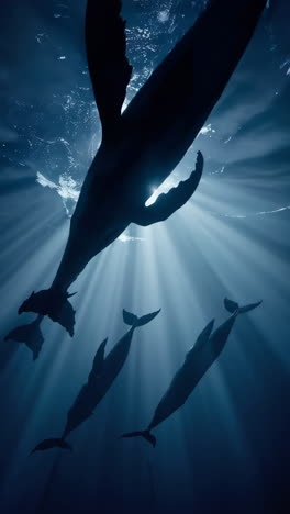 whales silhouettes in sunbeams underwater