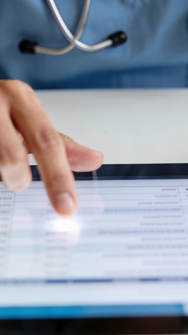 Mano di Medico che Tocca e Scorre su Tablet Digitale