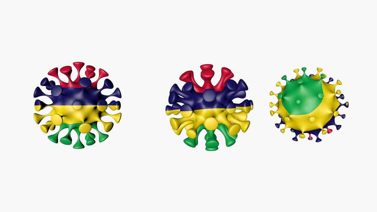 3d animación coronavirus 2019-ncov de la isla de mauricio. bandera mauriciana en esferas de bola de virus covid19, en fondo blanco. canal alfa