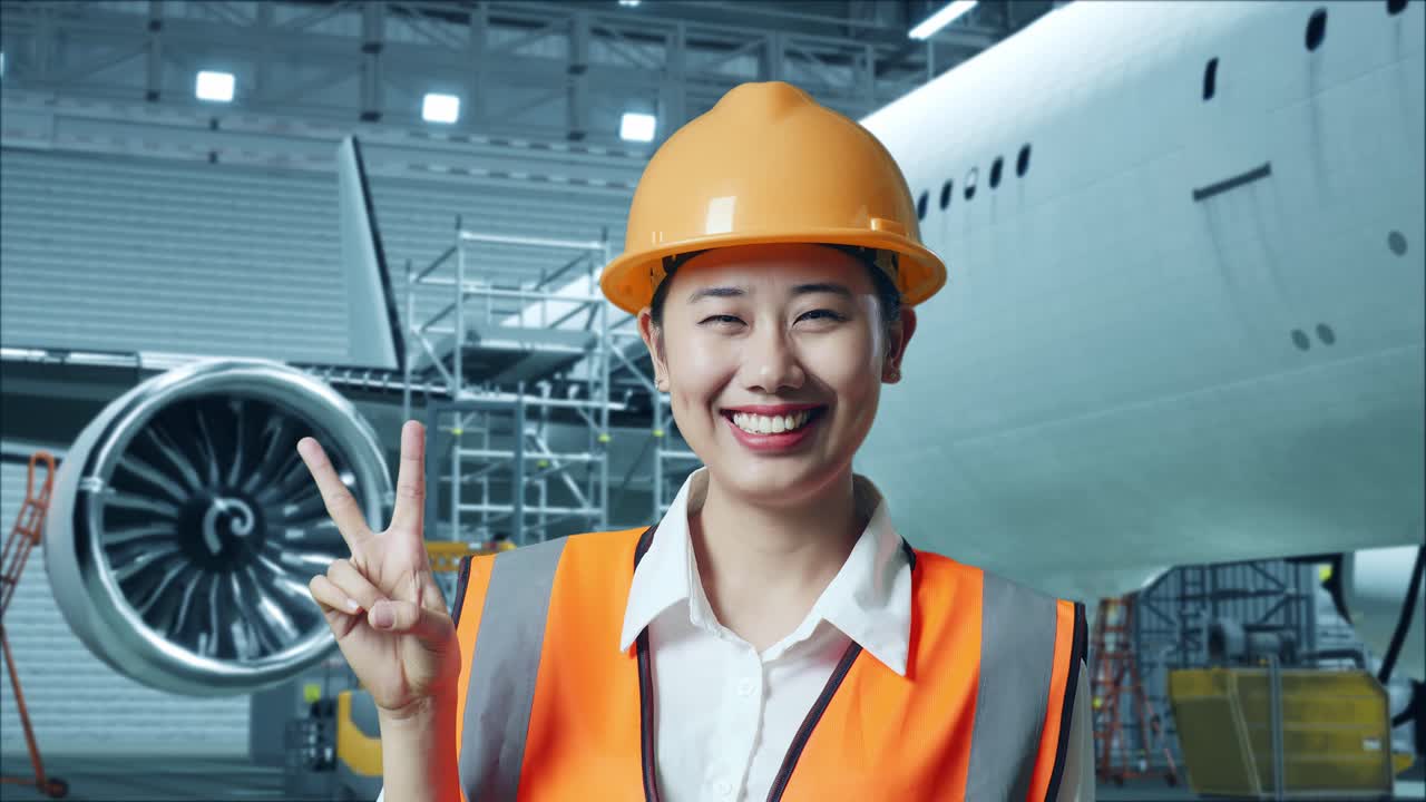 안전 헬을 착용한 아시아 여성 엔지니어가 거에 있는 항공기와 함께 서서 웃으며 항공기 유지보수 작업을 하는 동안 평화적인 몸짓을 보여준다.
