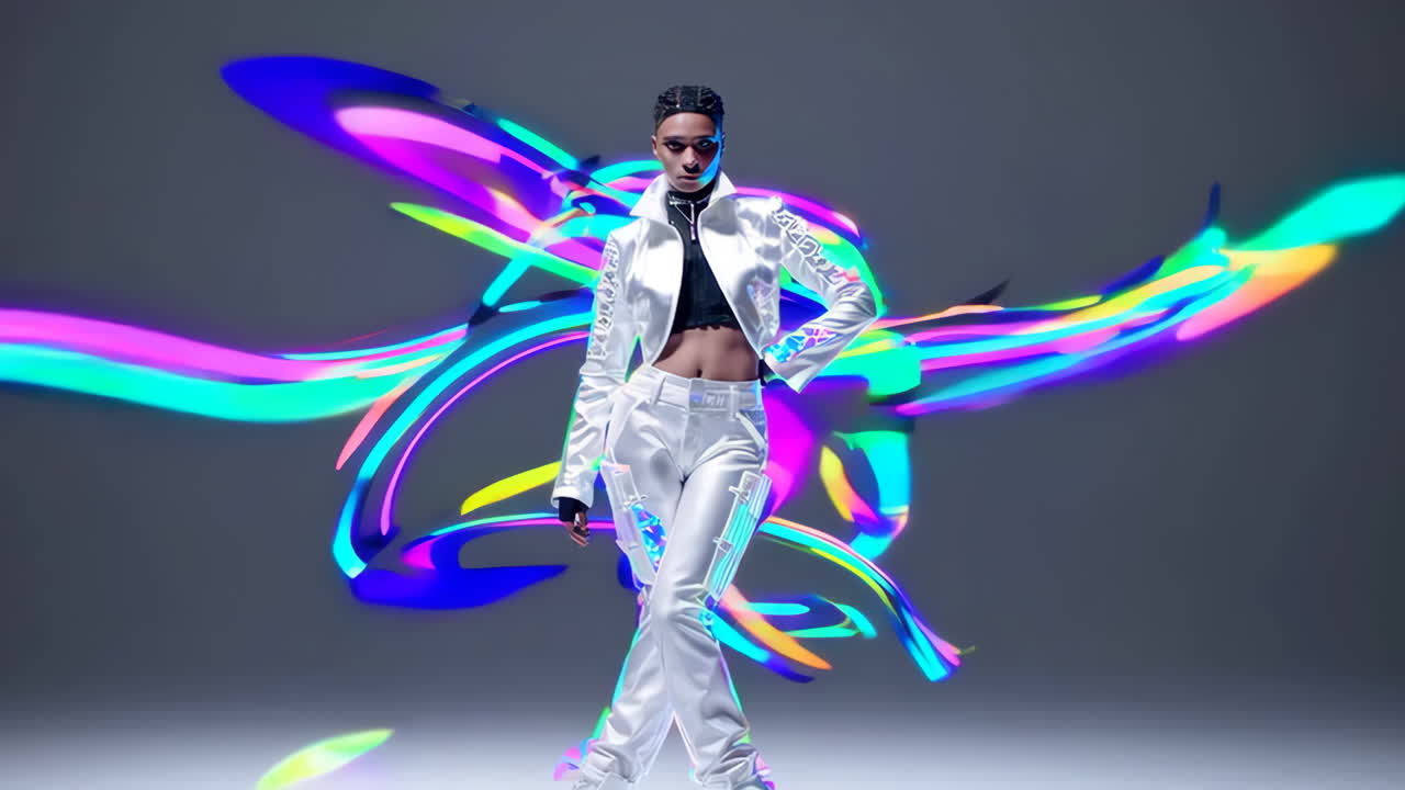 Donna futuristica in abito bianco con luci al neon dinamiche