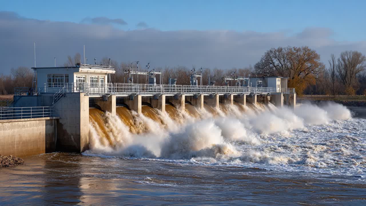 Dynamic Water Flow Through a Hydraulic Structure: The Engineering Marvel of a Dam Managing River Water Release and Environmental Balance