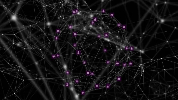 Animazione di una rete di connessioni e di elaborazione dati su sfondo scuro astratto