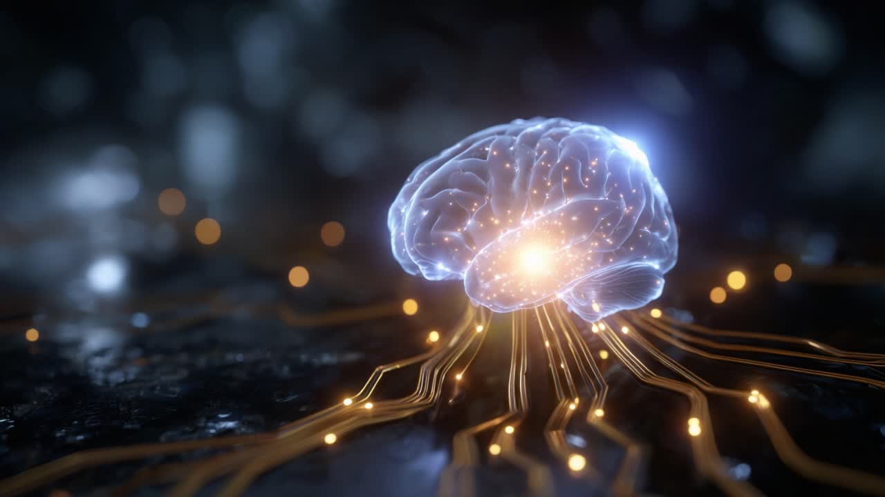 Connessioni Neurali Illuminiate: Un cervello luminoso circondato da circuiti, che rappresenta la fusione di tecnologia e scienza cognitiva in un'ambientazione futuristica