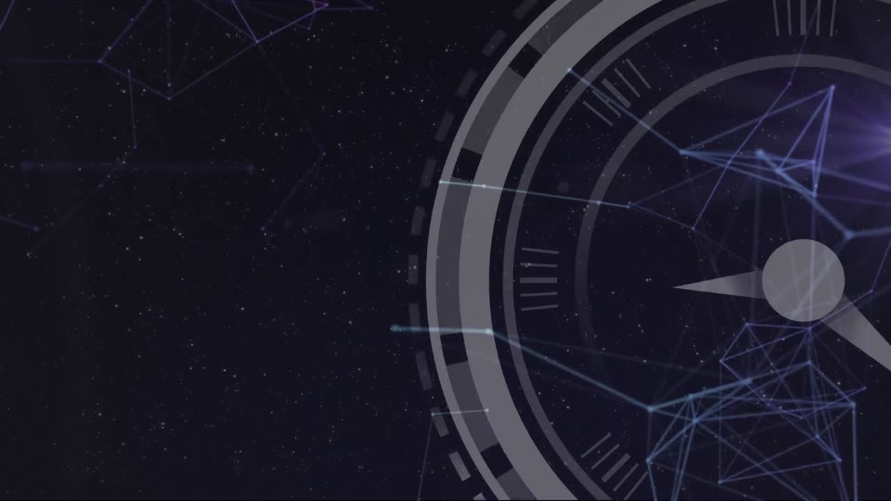 Animation of digital clock and dots connected with lines over space in background