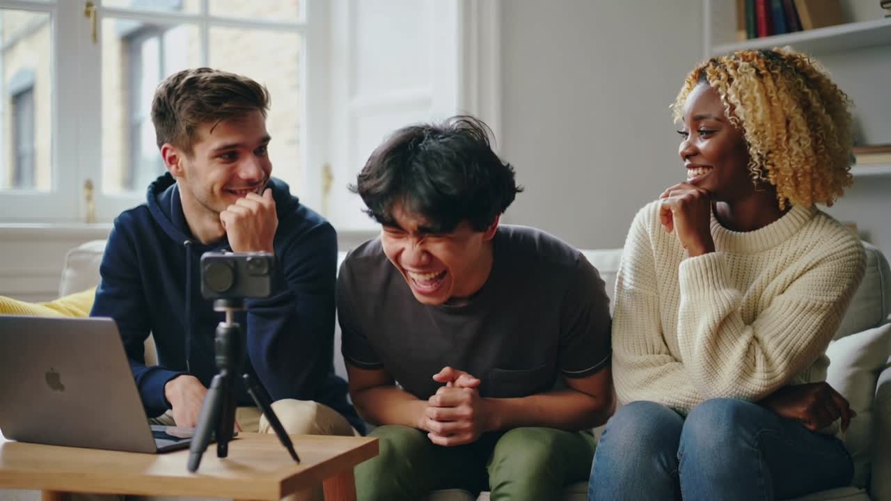 Vertical video: Watching laptop feed, three friends sharing loud laughter on couch with camera