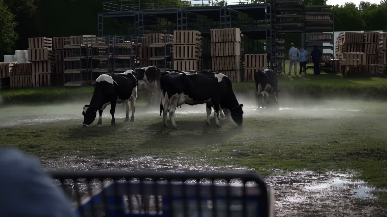 Dairy cows grazing in a misty field with industrial storage pallets and people in the background