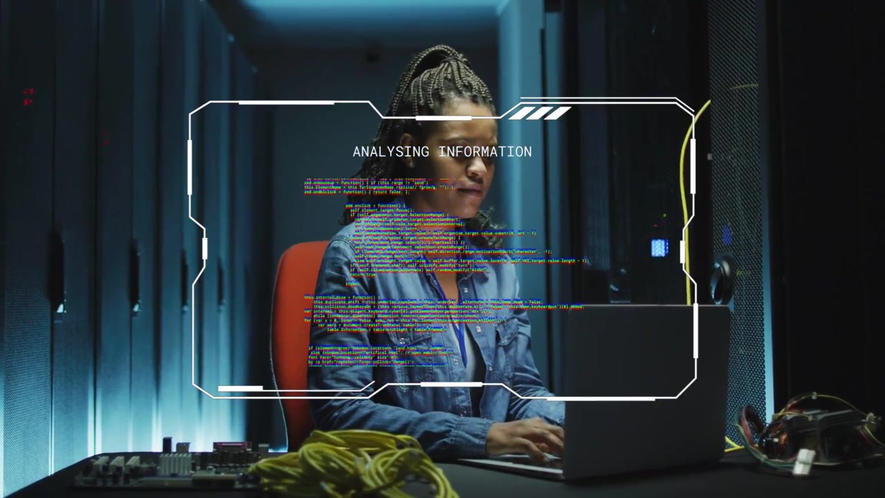 IT tech typing laptop commands in datacenter causing HUD glitching and showing code during audit