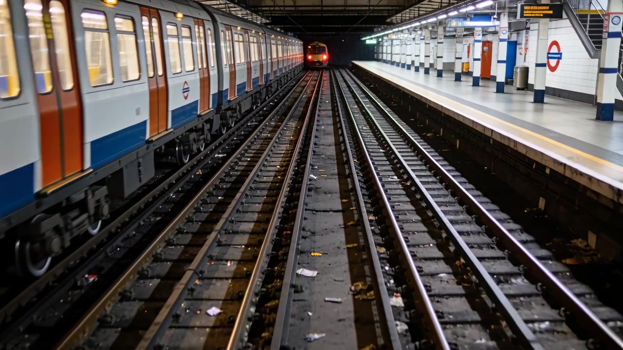 Treno che si avvicina da destra creando una sfocatura sui binari centrali su una piattaforma della metropolitana, con un treno con logo circolare a sinistra.