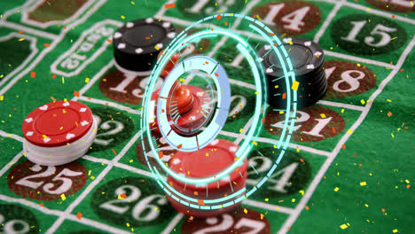 animation of falling confetti and safe lock rotating over poker chips stacked on gambling table