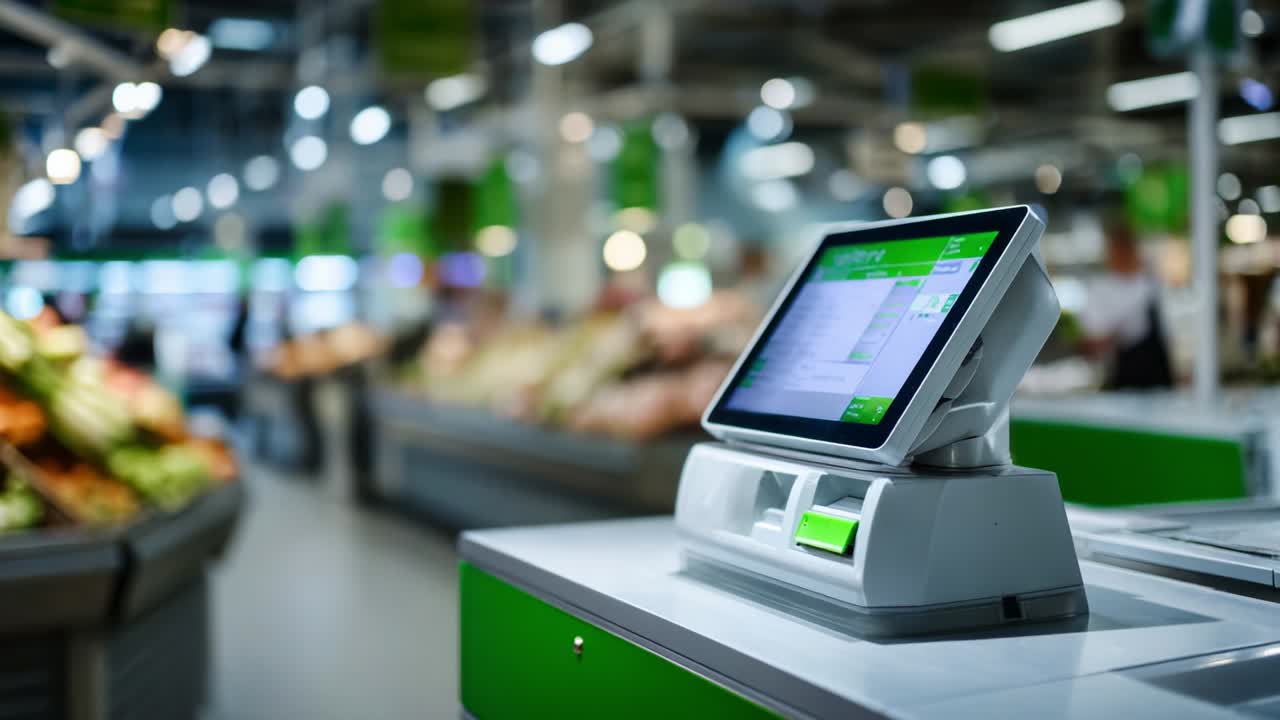 A modern self-checkout terminal displayed in a vibrant grocery store, highlighting advanced technology surrounded by fresh produce and a bustling shopping environment, designed for efficient and convenient shopping experiences