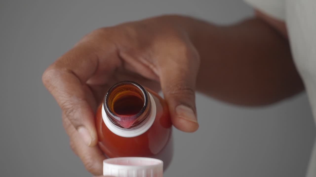 Pouring cough syrup from bottle into measuring cup
