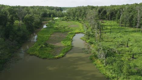 Weißer-Reiher-Fliegt-An-Einem-Sonnigen-Tag-In-Osage-Township,-Missouri,-über-Den-Hubler-See-Mit-Grünen-Bäumen