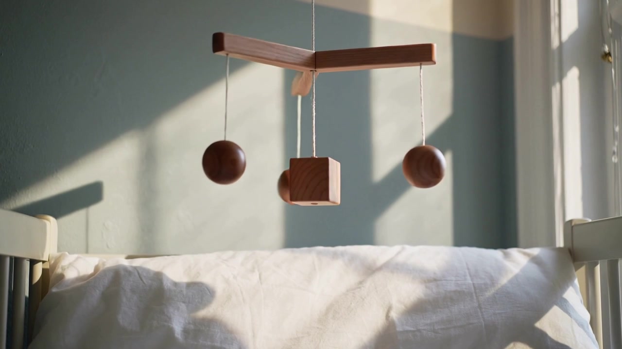 Swaying wooden baby mobile swinging beads and rotating cube above crib in nursery from window draft