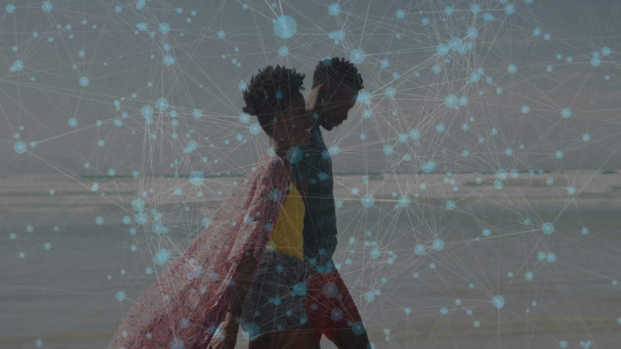 man carrying woman piggyback on sandy beach, with glowing network nodes illustrating tech theme