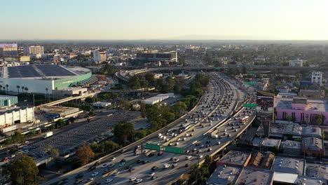 this is an aerial shot over the freeways in downtown la