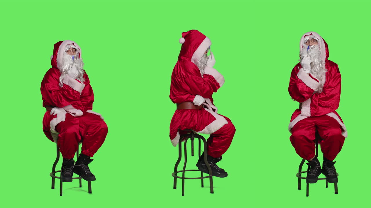 Santa Claus brushing his teeth on green screen