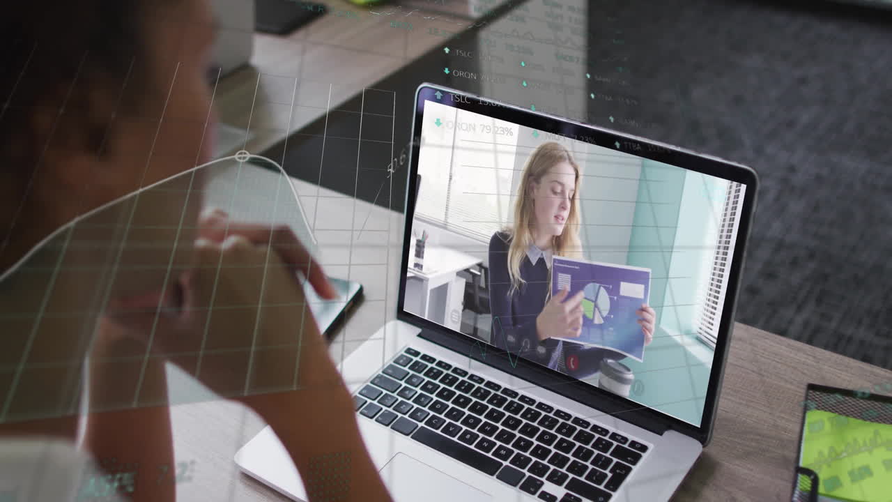 In school, animation showing colleague presenting data in video conference on laptop