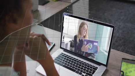 in school, animation showing colleague presenting data in video conference on laptop