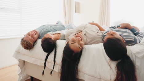 happy family, bed and children playing