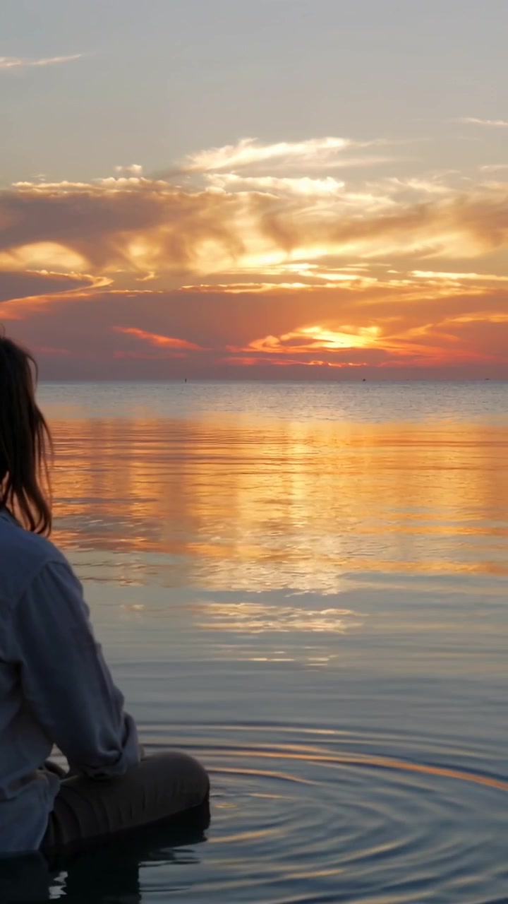 Video vertical: Mujer pensativa con top sumergiendo los pies en un mar en calma, con el sol poniéndose, ondas y un barco, espacio para texto.