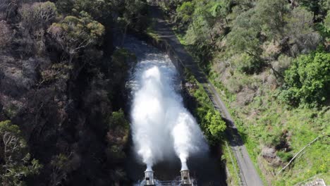 view from the top of cataract dam where water turbines are releasing a lot of water