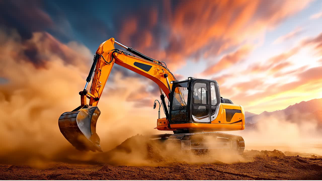 Excavator working on a construction site. Heavy equipment digs at sunset, raising dust near mountains and highlighting construction activity