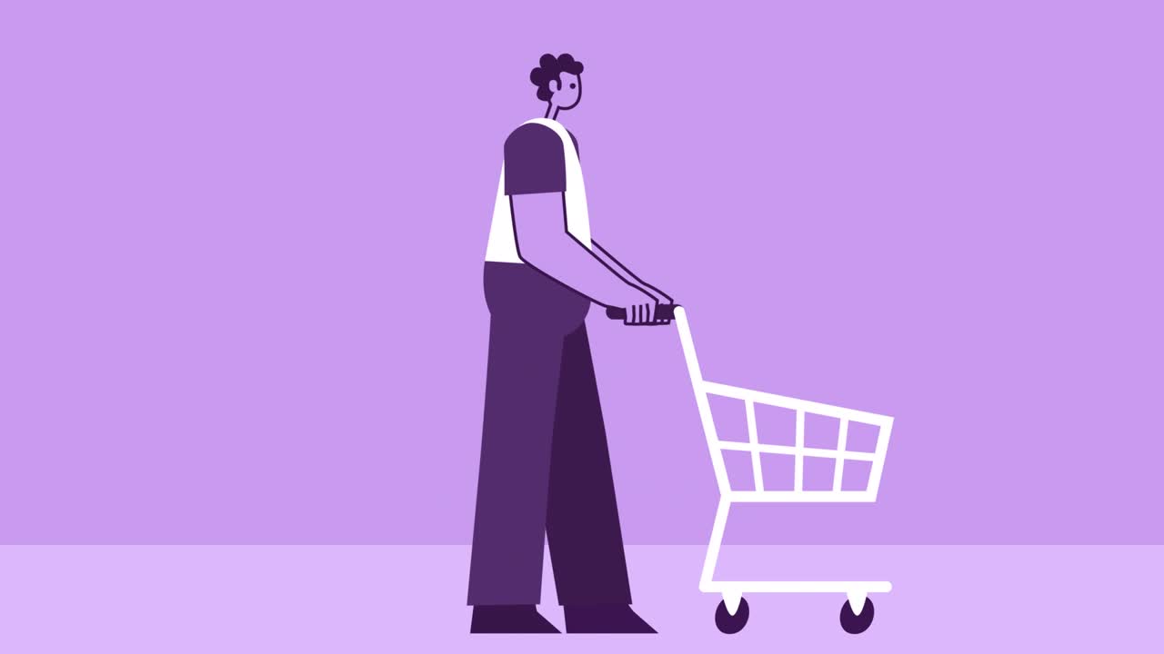 hombre de estilo púrpura personaje plano empujando el carrito de compras. animación de bucle aislado con canal alfa