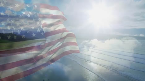 Digital-composition-of-waving-us-flag-against-aerial-view-of-the-beach