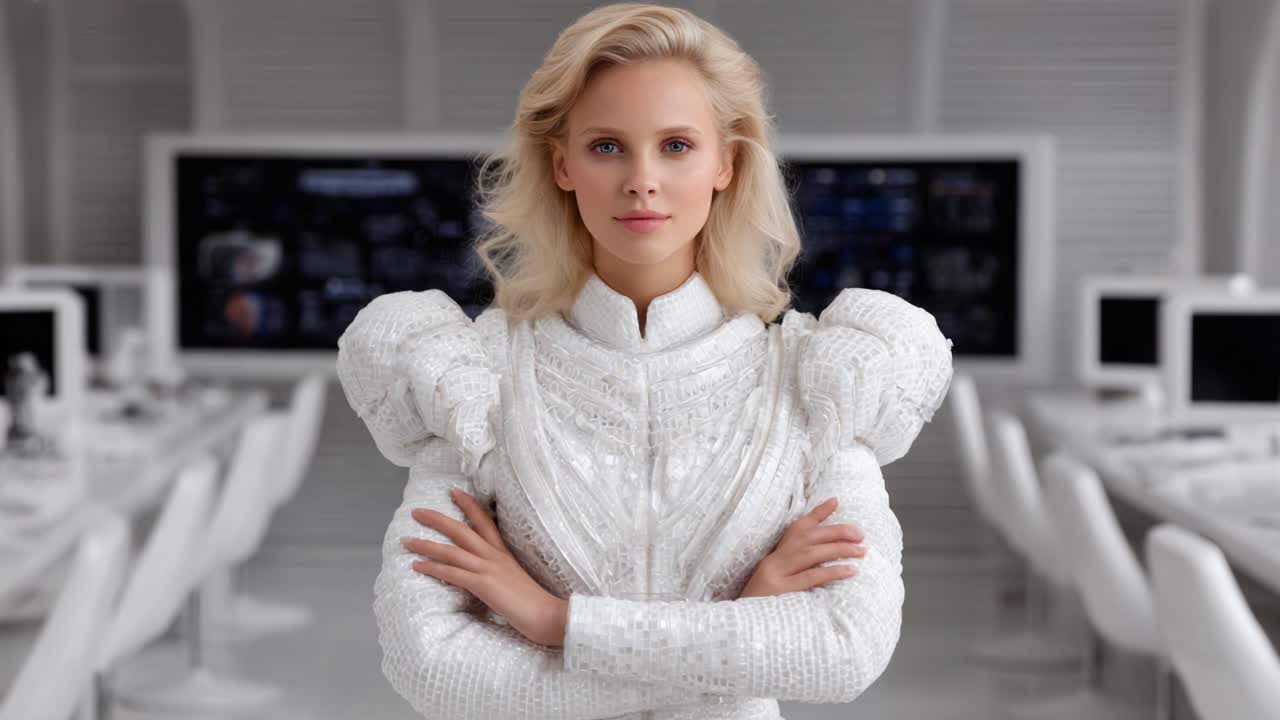 A Confident Female Figure in Futuristic Attire, Showcasing Elegance and Strength Against a Sleek, High-Tech Background in a Modern Setting