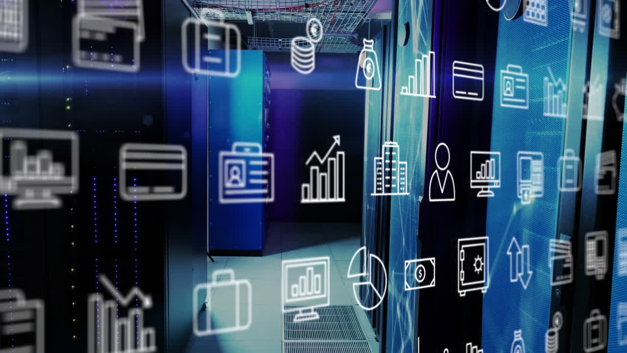 In server room, animation of digital data icons overlaying modern environment