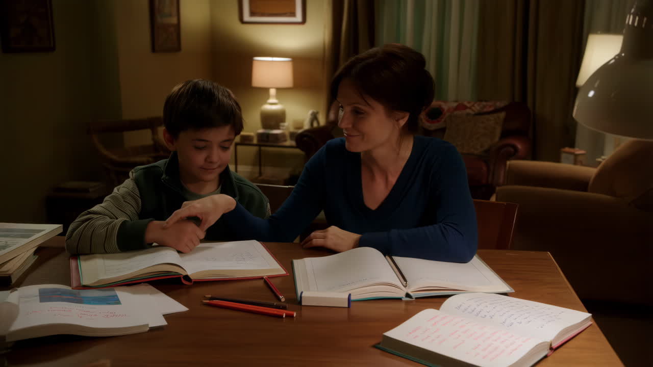 Woman helping a boy with his homework