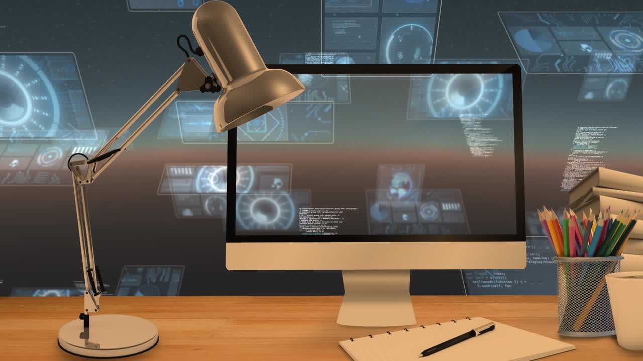 Desktop computer and office equipment on a table against multiple round scanners and data processing