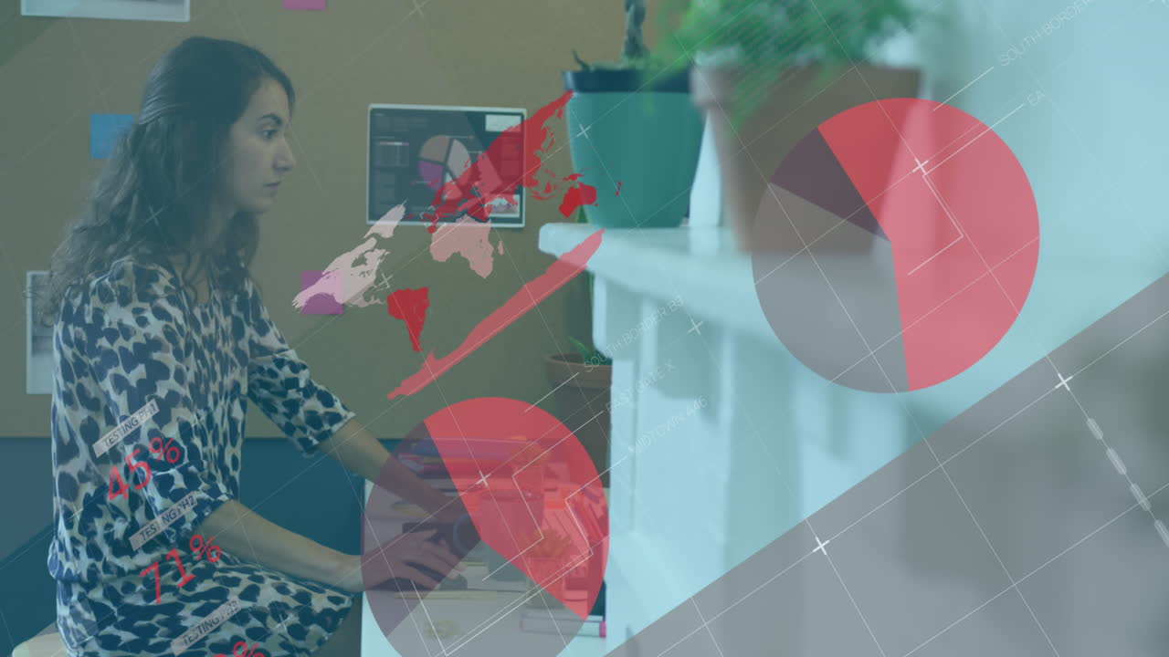 animación de la interfaz infográfica sobre una mujer caucásica analizando informes en el escritorio en la oficina
