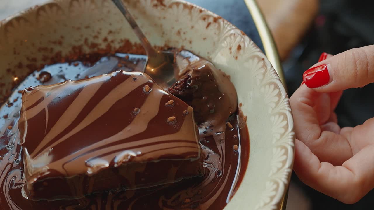 Ricca torta al cioccolato in una ciotola, scena invitante e golosa.