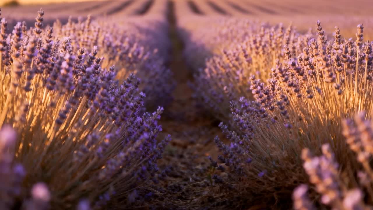 Dolly in partenza, la camera si muove in avanti lungo il solco centrale all'ora d'oro, rivelando file di lavanda