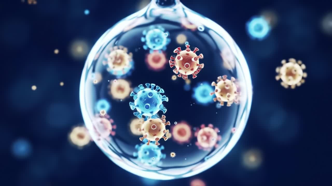 Microbial Dynamics: A Detailed Exploration of Viral Structures within a Microscopic Bubble, Highlighting the Intricacies of Pathogen Interactions and Biological Processes