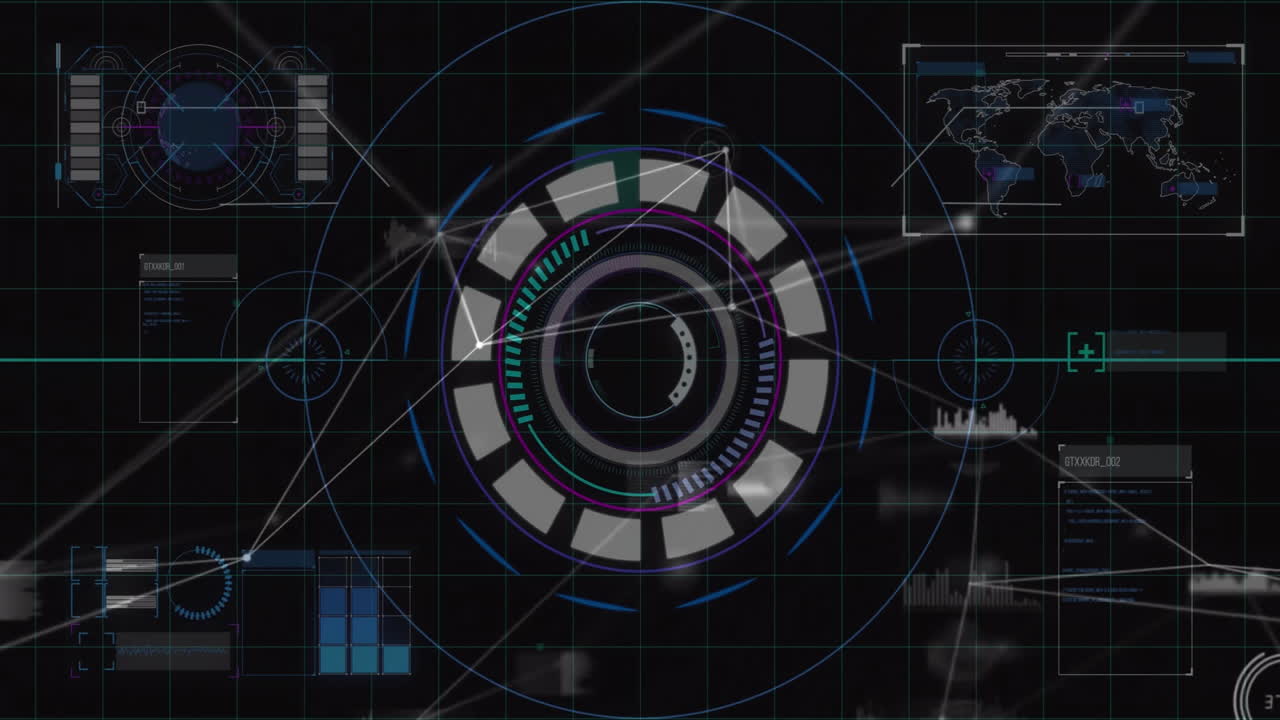 Central circular HUD dial projecting dynamic panels and glowing nodes across grid in flat design