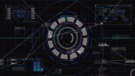 central circular hud dial projecting dynamic panels and glowing nodes across grid in flat design
