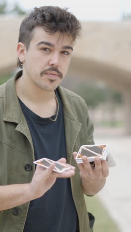 young man performing a card magic trick