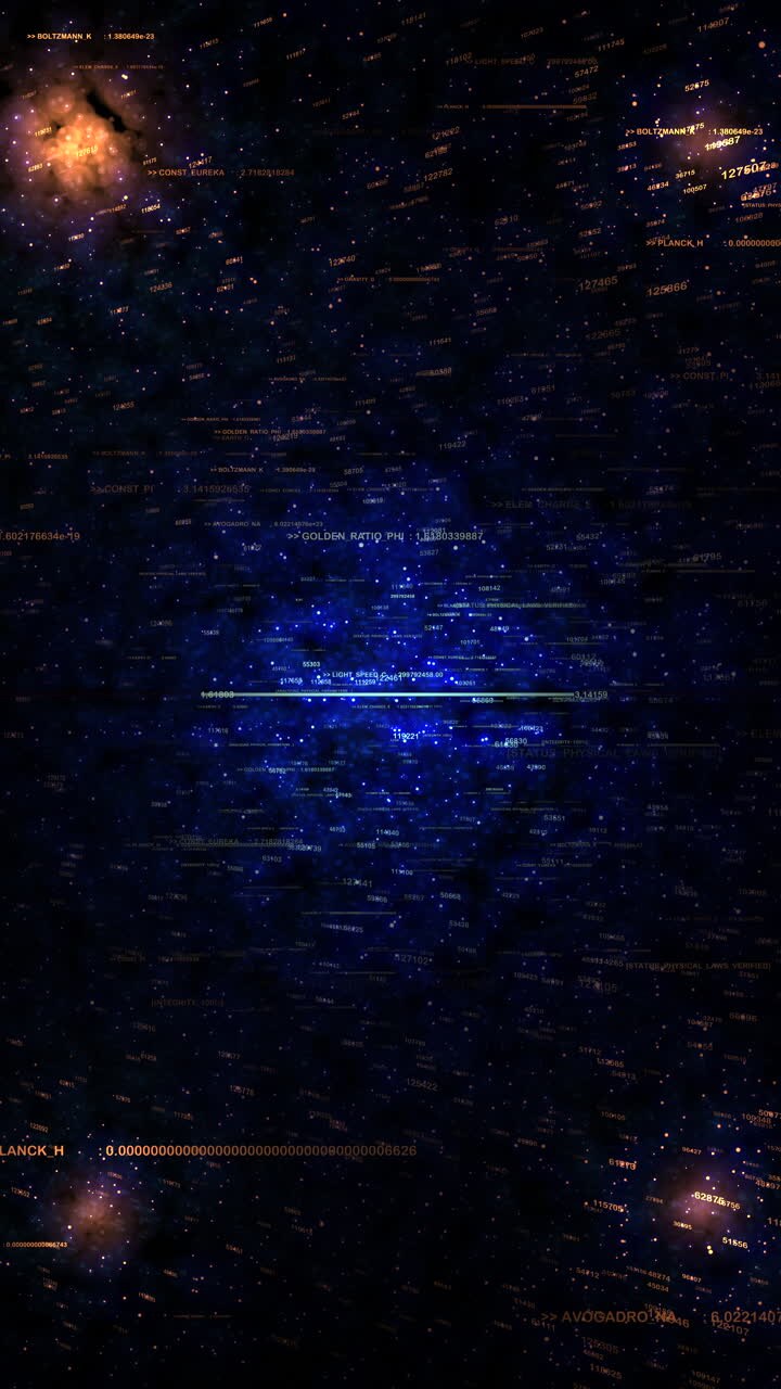 Vertical 4k digital HUD displaying mathematical formulas and cosmic data points. Ideal for science documentaries, educational mobile content, and physics theory exploration