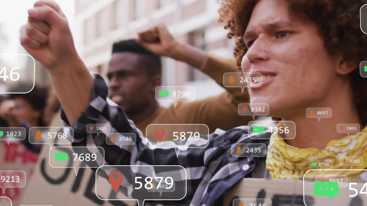 animación de iconos de los medios sobre diversas personas levantando las manos y protestando