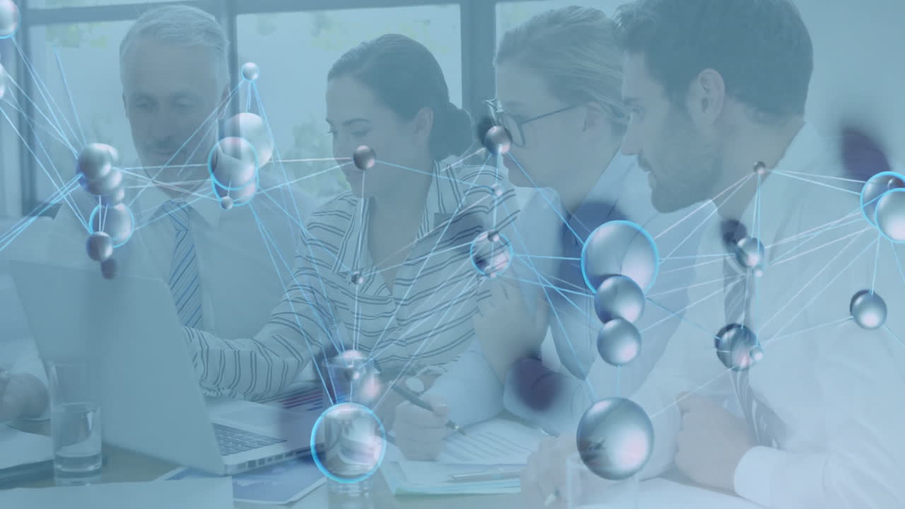 Collaborating on molecular structure animation overlay, business team in office setting