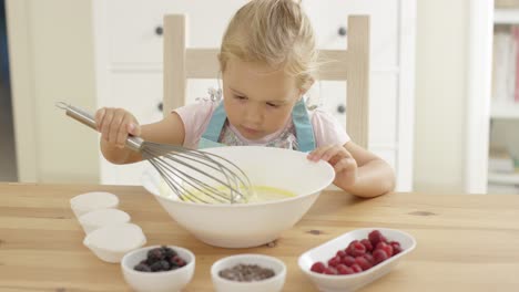 Mädchen-Betrachtet-Muffinteig-Mit-Schneebesen