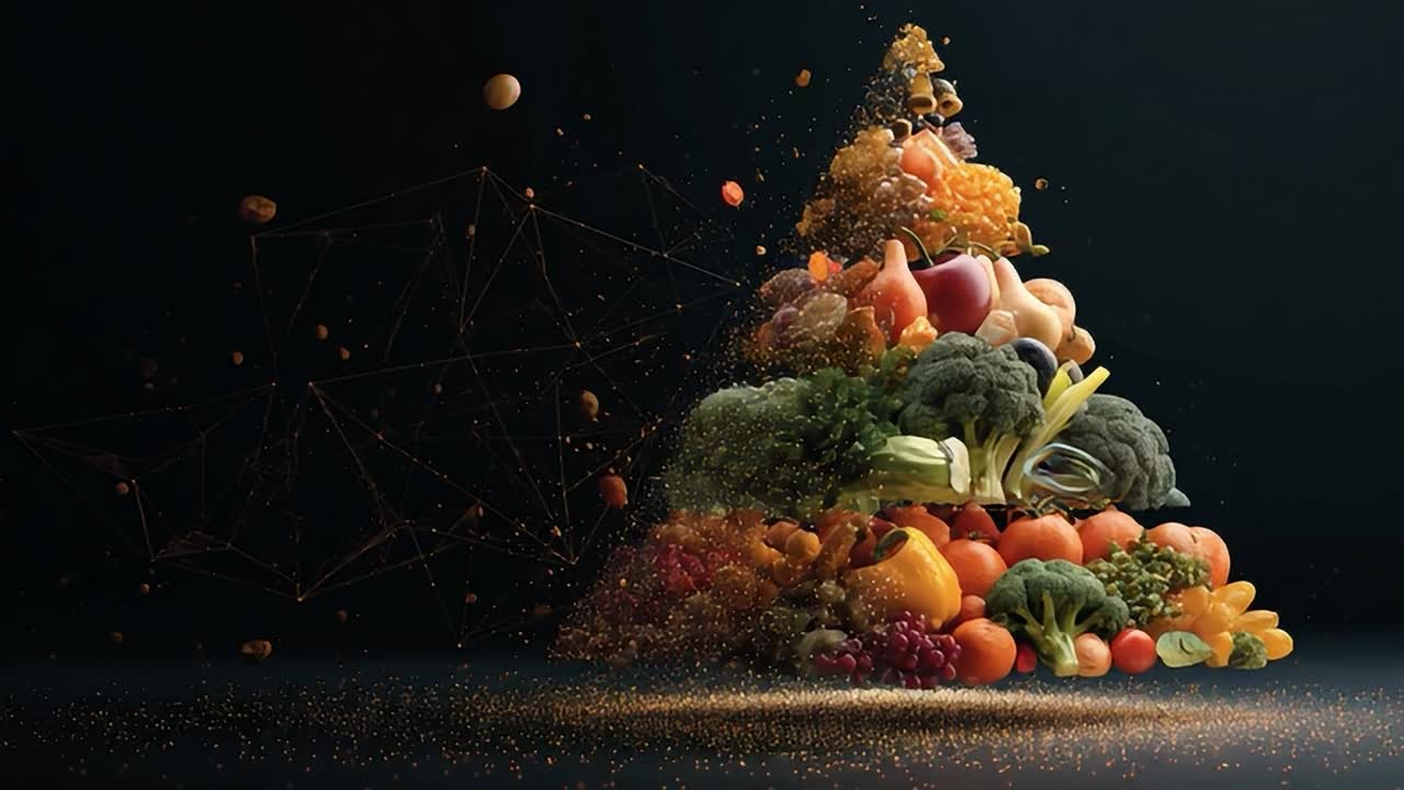 Verdure e frutta disposte artisticamente con un tocco surreale