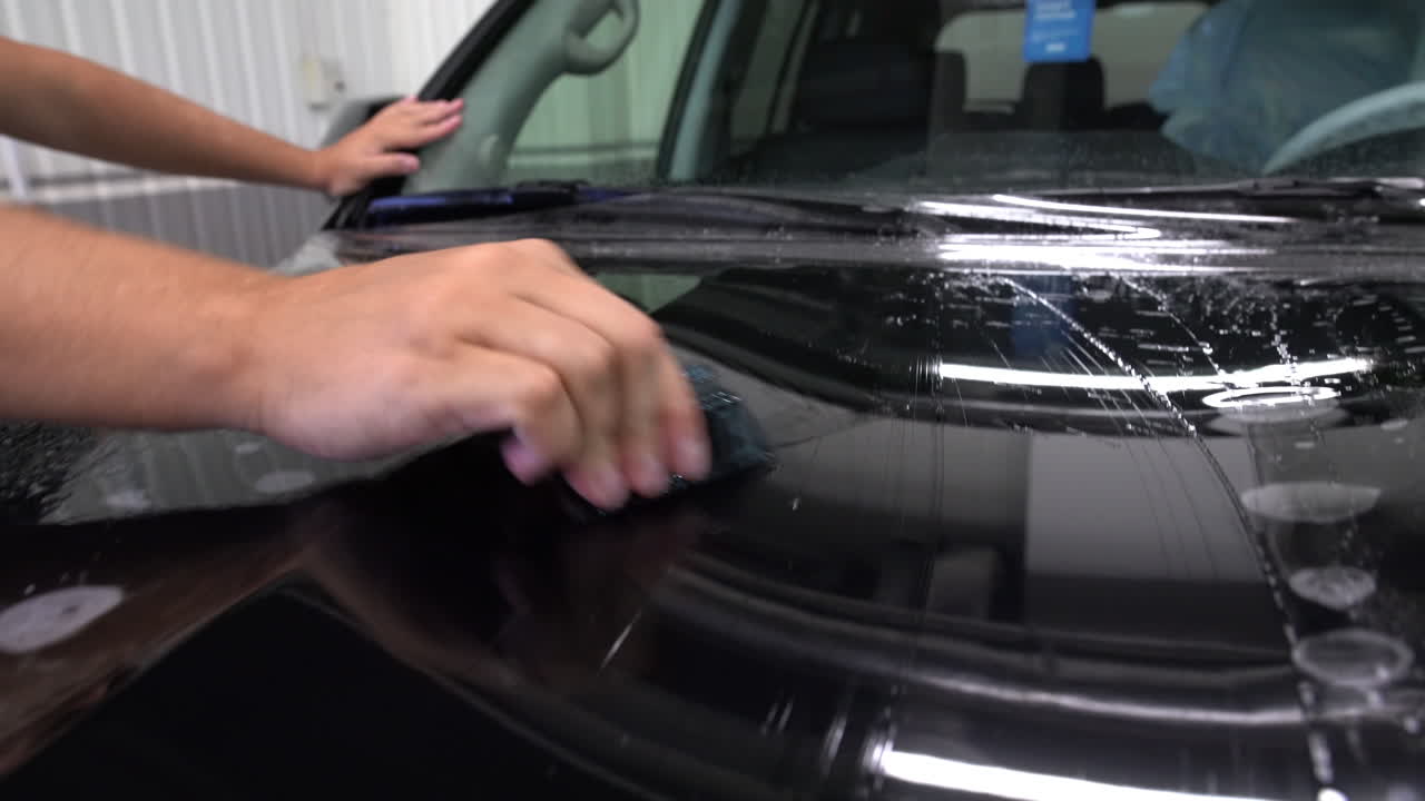 primer plano de un trabajador que utiliza una escobilla de goma especial para suavizar las burbujas en una instalación personalizada de una película de protección de pintura en un coche negro nuevo