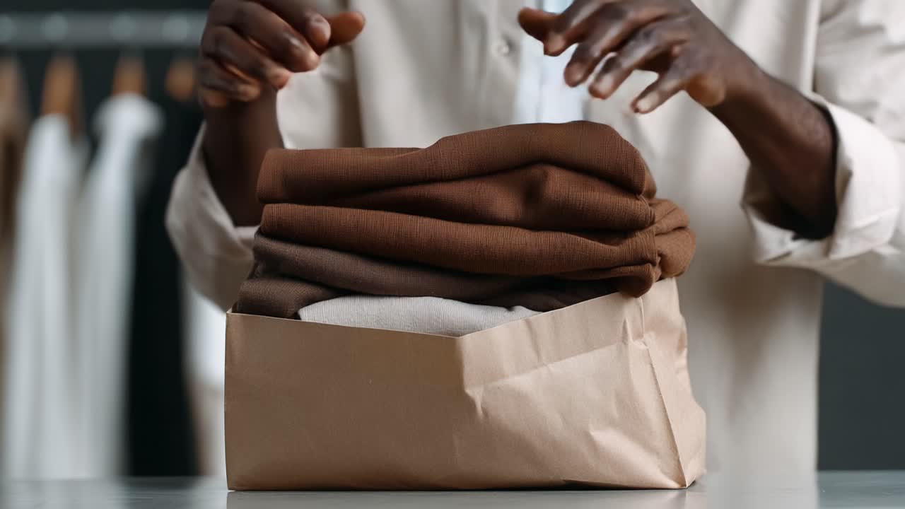 A Close-Up View of Hands Organizing and Packing Soft, Folded Clothes into a Brown Paper Bag, Highlighting the Process of Neatly Storing and Presenting Fabrics in a Retail Setting