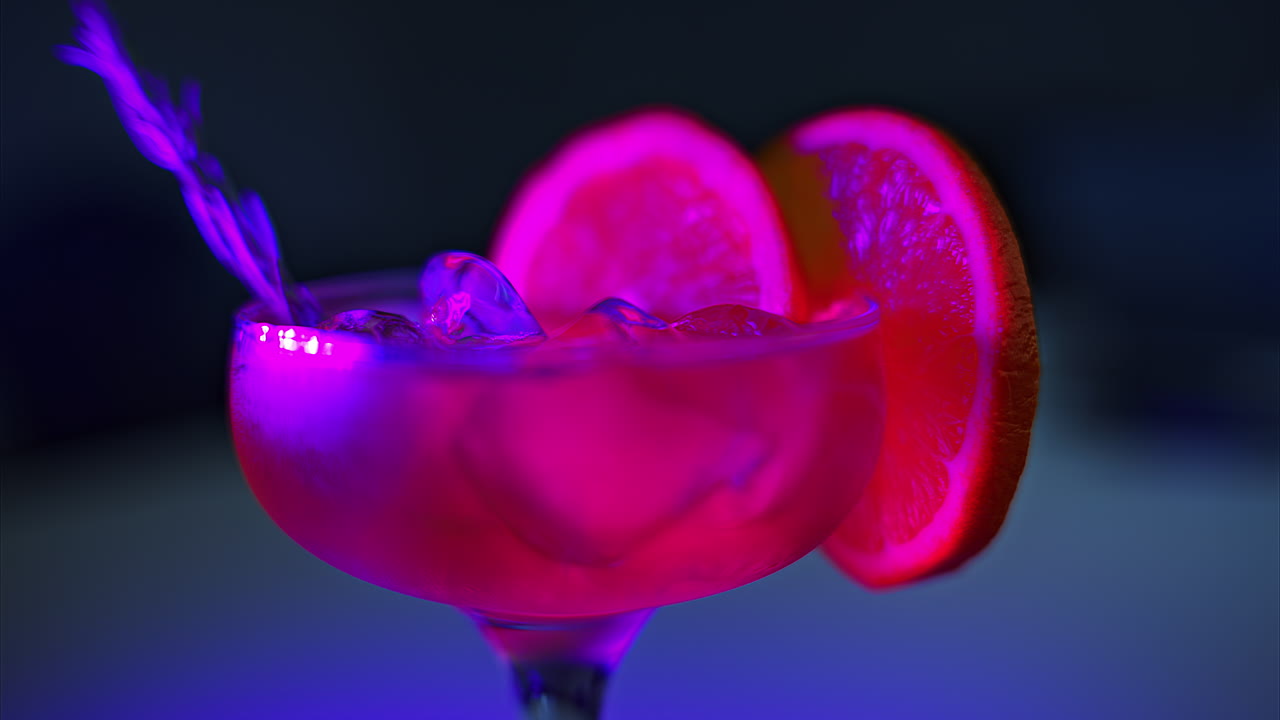 Cóctel en un vaso lleno de hielo y rodajas de naranja. Primer plano. Luces de neón